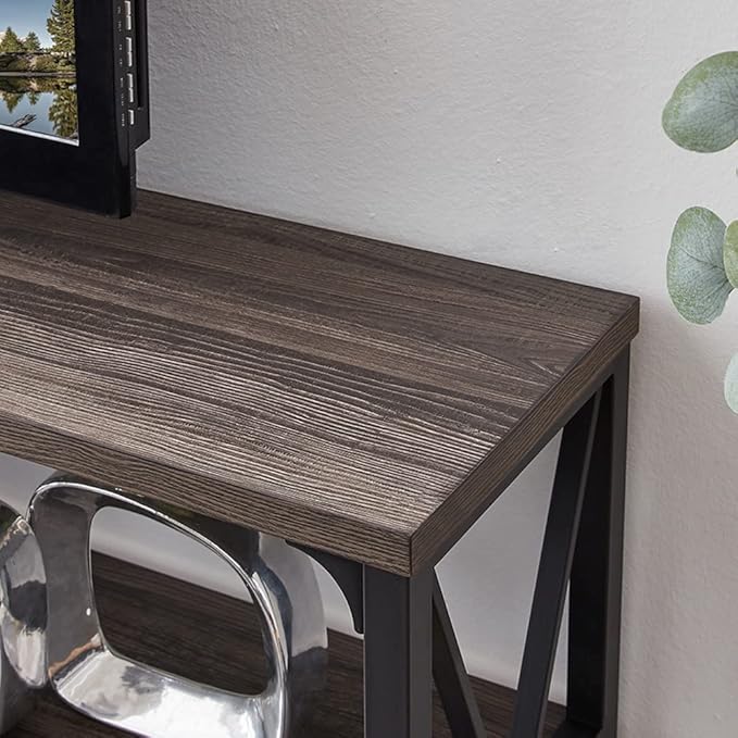 LVB Rustic Console Table, Industrial Modern Sofa Table Behind Couch, Long Metal Wood Entryway Table with Storage Shelf, Farmhouse Foyer Hallway Table for Home Living Room Bedroom, Dark Gray Oak, 63 in-Ruum Studio Home