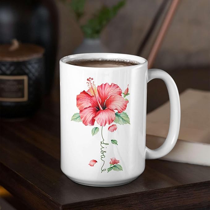 Personalized Hibiscus Blossom Design Mug, Custom Name Vibrant Flower Coffee Cup, Customized Mug For Floral Enthusiasts, Novelty Hibiscus Flower Ceramic Cup 11oz 15oz, Gift For Women-Ruum Studio Home