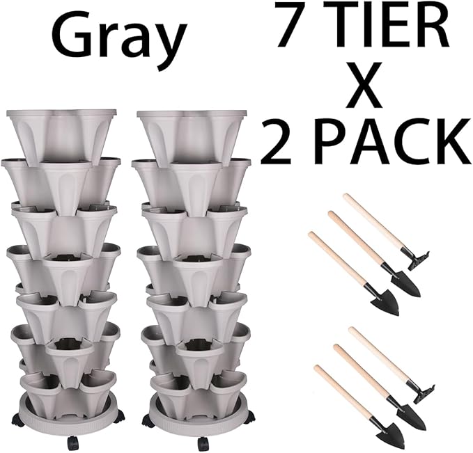 Vertical Planter 7 Tier Stackable Planters Garden Planters Strawberry Herb Flower and Vegetable Planter Indoor Outdoor Gardening Pots with Removable Wheels and Tools 2-Pack-Ruum Studio Home