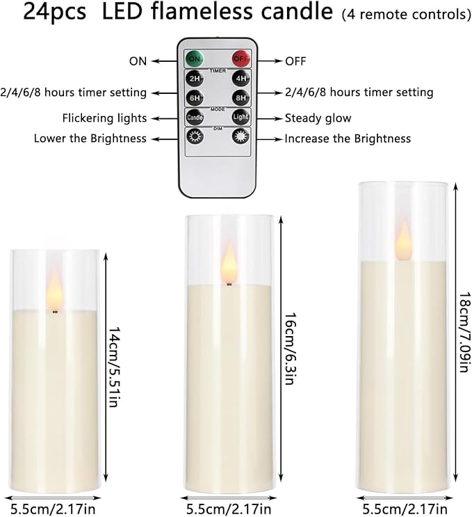 Set of 24 Flameless Led Battery Opeated (D2.2'' x H5''6''7'') Realistic Moving Wick Candles with 10-Key Remotes and Cycling 24 Hours Timer-Ruum Studio Home