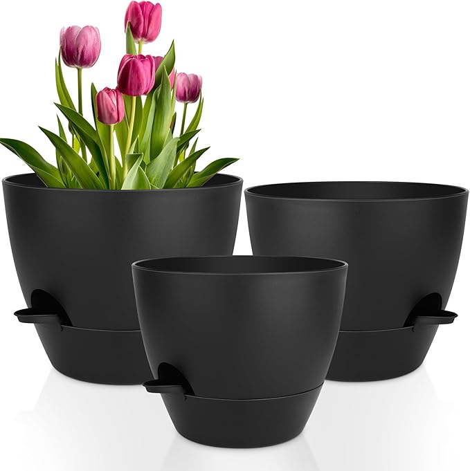 Plant Pots 12/10/9 Inch Self Watering Pots, Set of 3 Plastic Planters with Drainage Holes and Saucers,Plastic Flower Pots,Nursery Planting Pot for Indoor Out Door Plants(Pure Black)-Ruum Studio Home