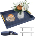 Coffee Table Tray - Large Ottoman Tray for Living Room - Wood Serving Tray with Handles(2 Sets) - Wooden Trays for Coffee Tables, 4 Round Coasters Included, Deep Blue-Ruum Studio Home