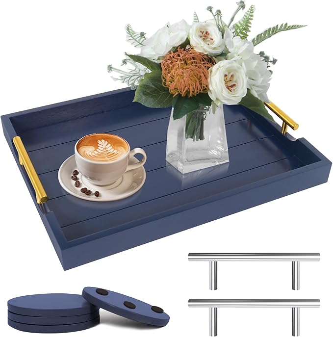 Coffee Table Tray - Large Ottoman Tray for Living Room - Wood Serving Tray with Handles(2 Sets) - Wooden Trays for Coffee Tables, 4 Round Coasters Included, Deep Blue-Ruum Studio Home