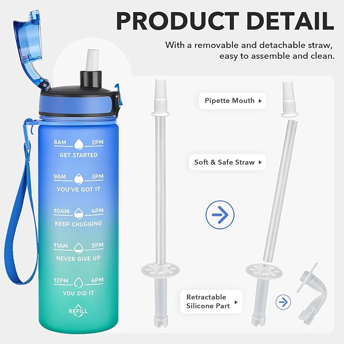 Enerbone Water Bottle, Leakproof BPA & Toxic Free, Motivational Water Bottle with Times to Drink and Straw, Fitness Sports Water Bottle with Strap for Office, Gym, Outdoor Sports-Ruum Studio Home