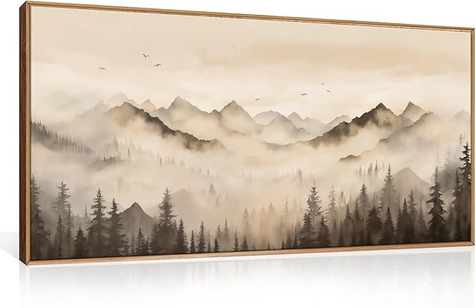 Nature Misty Forest Framed Canvas Wall Art Set, Foggy Landscape Wall Decor, Watercolor Pine Tree Wall Painting, Large Mountains Art Print for Living Room, Bedroom, Office - 20"X40"-Ruum Studio Home