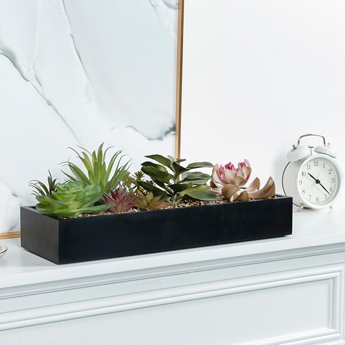 MyGift Artificial Assorted Succulent Arrangement in Rectangular Black Wood Planter Box, Fake Plant Decor-Ruum Studio Home