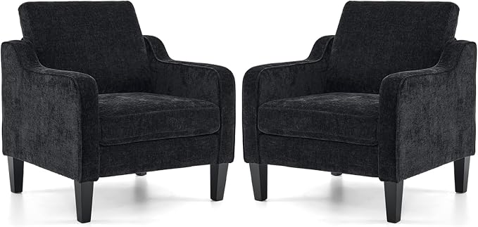 VINGLI Living Room Chairs Set of 2, Black Accent Chair 5.5" Thick Seat Cushion Comfy Chair Soft Chenille Side Chair Upholstered Arm Chair for Bedroom, Play Room, Apartment, Office (Black)-Ruum Studio Home