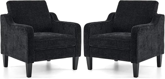 VINGLI Living Room Chairs Set of 2, Black Accent Chair 5.5" Thick Seat Cushion Comfy Chair Soft Chenille Side Chair Upholstered Arm Chair for Bedroom, Play Room, Apartment, Office (Black)-Ruum Studio Home