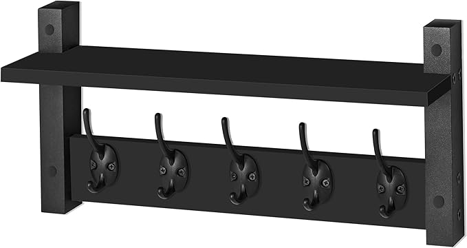 Sorbus Coat Hooks Wall Mount with Shelf – 16 Inch Coat Rack Wall Mount with 5 Heavy Duty Hooks – Floating Wall Shelf with Hooks for Entryway, Bathroom, Bedroom, Kitchen, or Mudroom (Black)-Ruum Studio Home