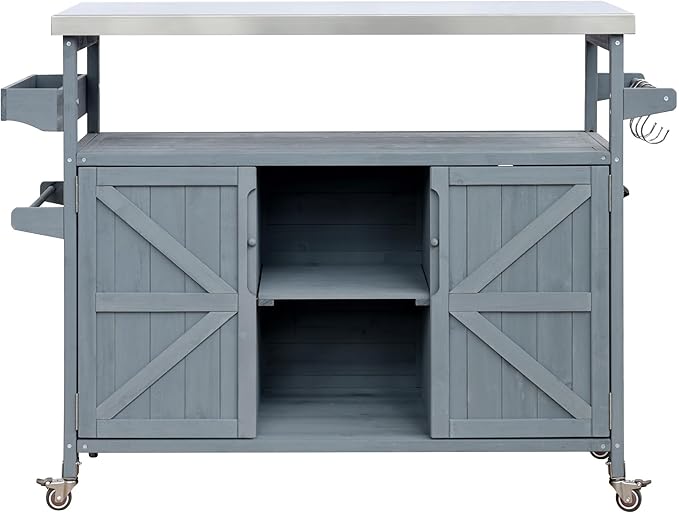 Outdoor Solid Wood Grill Table with Stainless Steel Top, Farmhouse Kitchen Island with Storage Cabinet, Outdoor Bar Cart with Internal Storage Rack, Spice & Towel Rack, Grey Blue-Ruum Studio Home