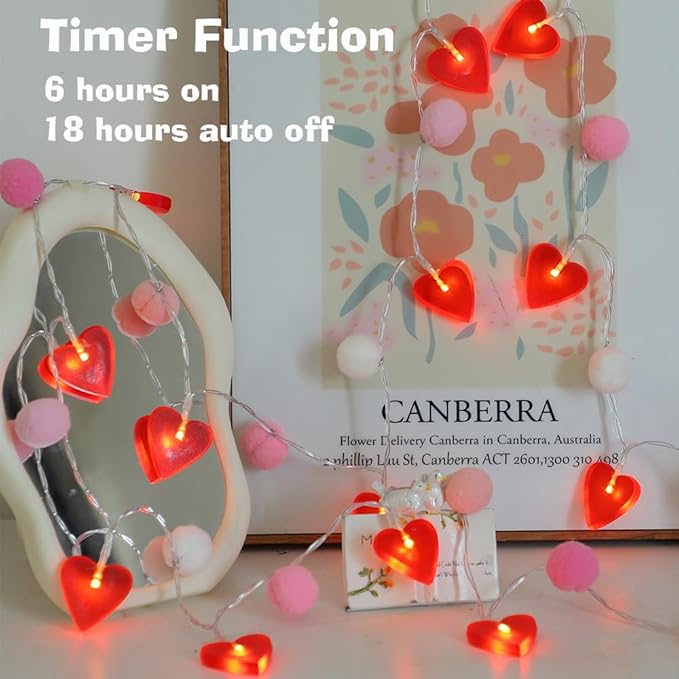 Red Heart String Lights 9.85 Ft Valentines Light with 20 LEDs 20 Pink Pom Poms Garland Lights Battery Operated with Timer Valentines Decorations for Wedding Party Valentine Decor-Ruum Studio Home