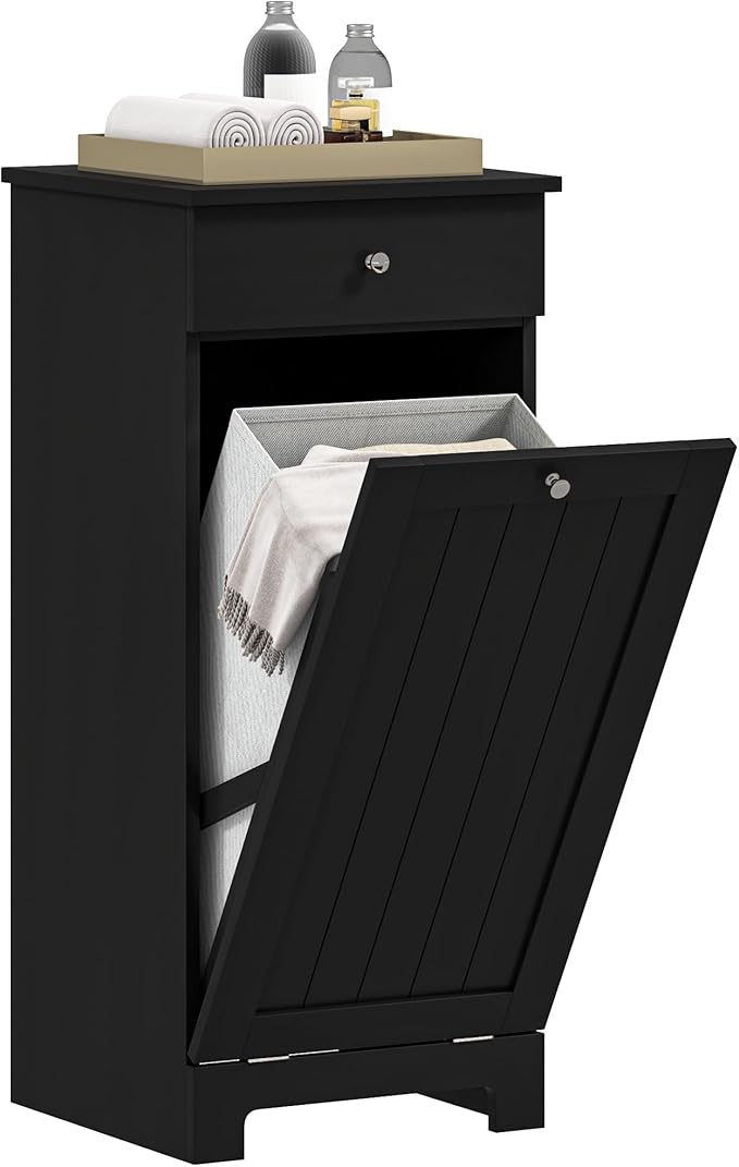 HOMCOM Laundry Hamper with Removable Basket, Tilt Out Hamper with Drawer and Beadboard Door, Bathroom Storage Cabinet, Black-Ruum Studio Home