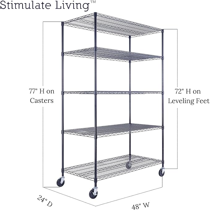 48"x24"x72" Prime Heavy Duty Black 5-Tier Steel Wire Shelving NSF 4000 LBS MAX Capacity Storage Rack for Commercial, School, Home, Garage, Warehouse, Industrial, and Hospital Uses (with Wheels)-Ruum Studio Home