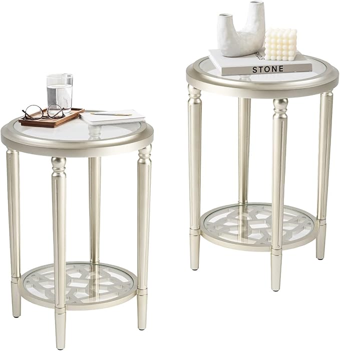 COSIEST Set of 2 Modern Round End Table, 2-Tier Glass Side Table with Glass Tabletop, Wood Accent Table with Storage Shelf for Living Room, Bedroom-Ruum Studio Home