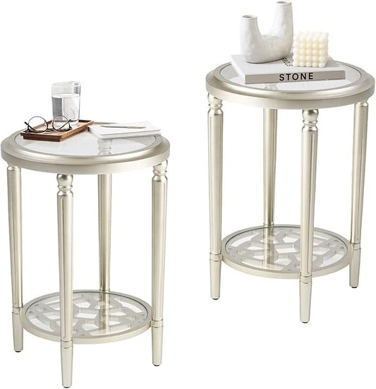COSIEST Set of 2 Modern Round End Table, 2-Tier Glass Side Table with Glass Tabletop, Wood Accent Table with Storage Shelf for Living Room, Bedroom-Ruum Studio Home