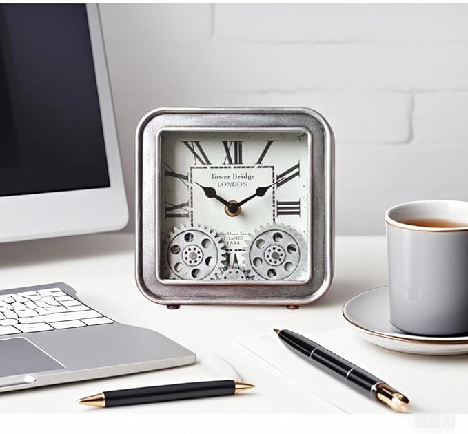 Desk Clock Vintage Metal Table Clocks with Moving Gears, Silent Retro Industrial Steampunk Quartz Small 6 inch End Table Clock for Home Office Living Room Decor Battery Operated-Ruum Studio Home