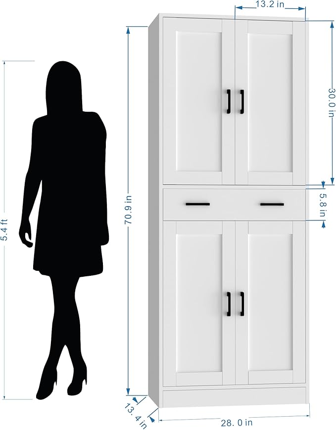 White Kitchen Pantry, 71" Tall Storage Cabinet with Doors and Drawer for Kitchen, Hallway, Office-Ruum Studio Home