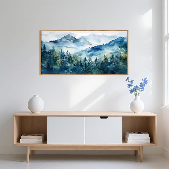 Celestdeco Blue Ridge Mountains Forest Framed Canvas Wall Art Set, Natural Landscape Wall Decor, Green Pine Trees Wall Painting, Woodland Artworks for Living Room, Bedroom, Dining Room - 20"x40"-Ruum Studio Home
