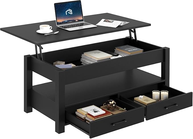 Rolanstar Coffee Table, 47.2" Lift Top Coffee Table with Drawers and Hidden Compartment, Retro Central Table with Wooden Lift Tabletop, for Living Room,Black-Ruum Studio Home