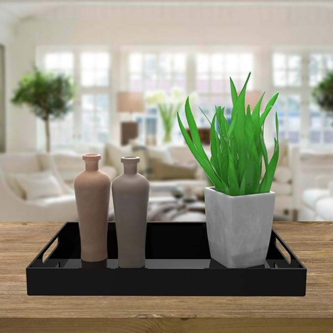 Black Acrylic Serving Tray for Vanity, Bathroom, Ottoman, Organizer and Decor with Handles (Rectangle, Large)-Ruum Studio Home