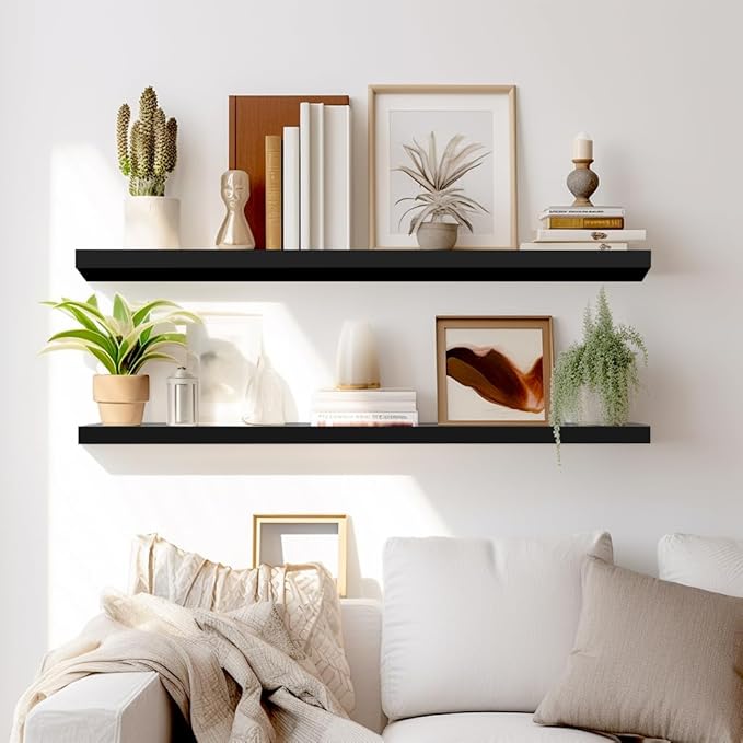 LaVie Home Floating Shelves, 36 Inch Wall Shelf Set of 2, Hanging Shelf with Invisible Brackets, Wall Decor for Bathroom, Bedroom, Living Room, Kitchen Storage, Classic Black-Ruum Studio Home