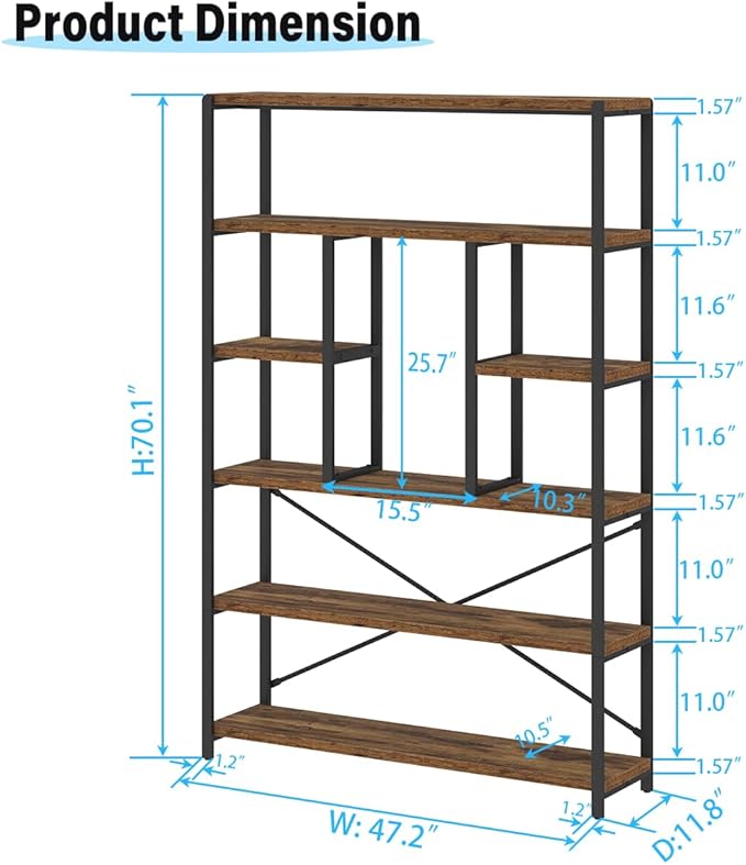 LVB Rustic Bookcases and Book Shelves, Metal Wood 6 Tier Bookshelf and Book Rack Storage, Industrial Vertical Display Etagere Book Case 6 Shelf, Vintage Large Book Shelf for Bedroom Living Room, Brown-Ruum Studio Home