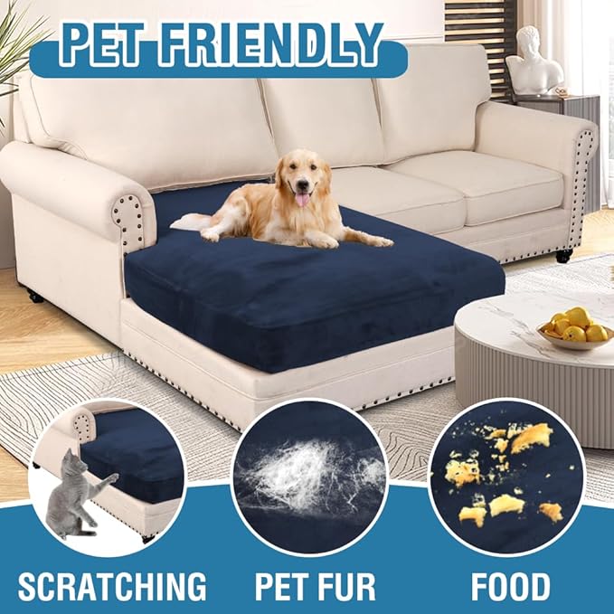 H.VERSAILTEX Velvet Stretch Individual Chaise Cover Sectional Couch Covers for L Shaped Sofa Both Left/Right Furniture Protector Seat Cushion Sofa Cover (1 Piece Chaise Cover, Navy)-Ruum Studio Home