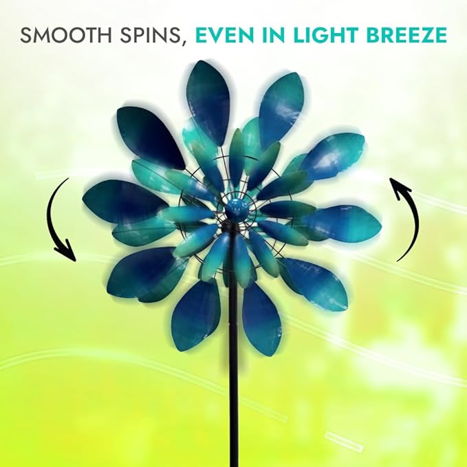 Large Wind Spinners - Decorative Garden Whirligigs - Durable Metal Flower Art - Ideal for Yard Decor and Gifts - Outdoor Accessories - Designed for Patios & Landscapes Blue 24"W x 84"H-Ruum Studio Home