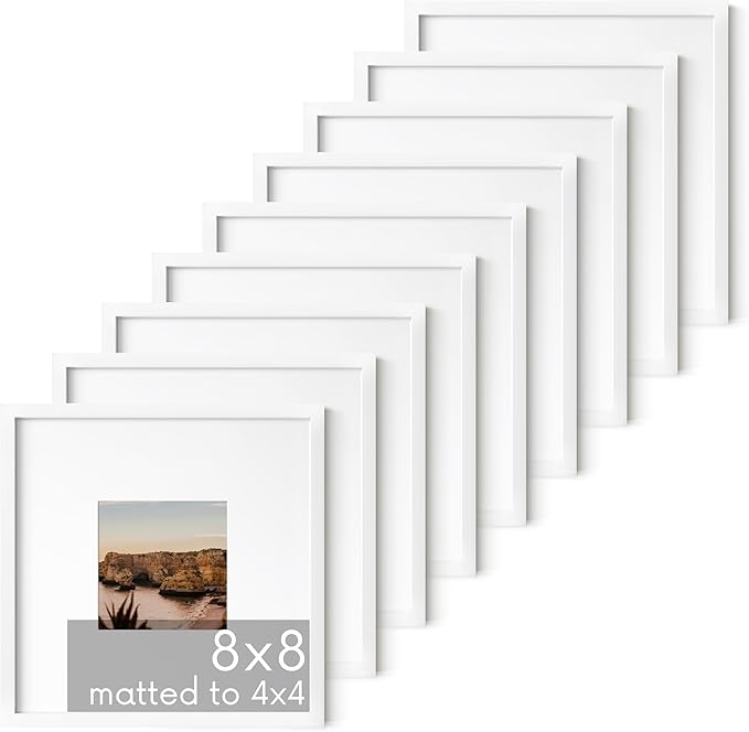 HAUS AND HUES 8x8 White Metal Picture Frames Matted to 4x4 - Features Premium Aluminum & Hanging Hardware, Shatterproof Plexiglass - Ideal for Home, Room, Office (8x8 in, White, Set of 9)-Ruum Studio Home
