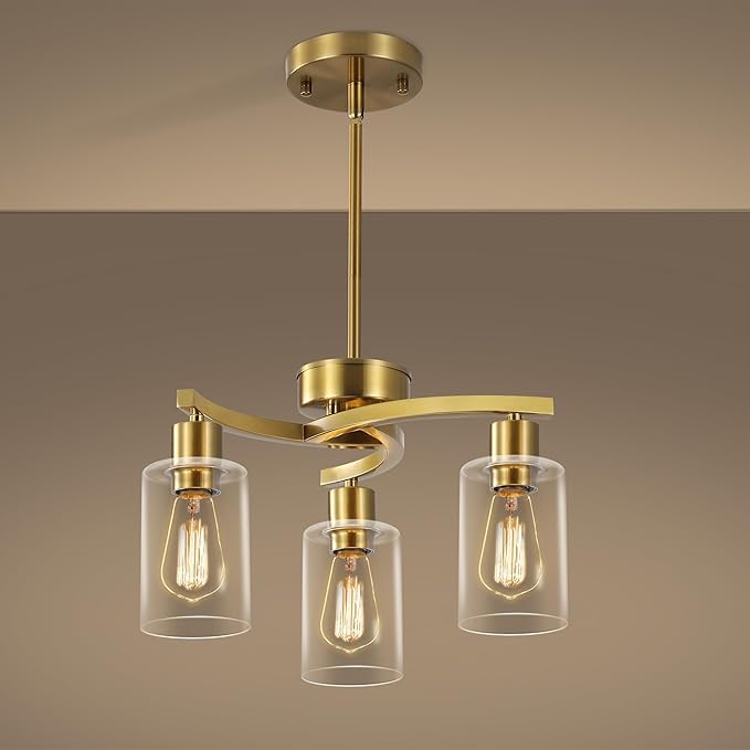 3-Light Gold Dining Room Chandeliers Over Table, Contemporary Kitchen Island Pendant Lighting, Industrial Hanging Light Fixture for Entryway Hallway Foyer Bedroom, Clear Glass Shade-Ruum Studio Home