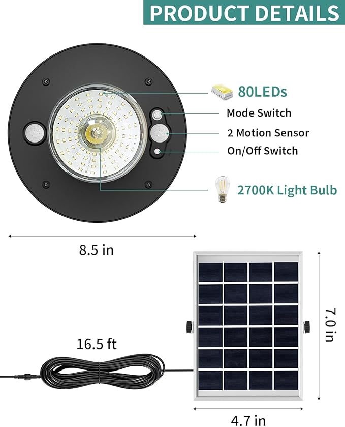 Solar Shed Light Outdoor Indoor 3000LM Solar Lights Daytime Available with Remote Control, Double Motion Sensor & 5 Lighting Modes, Solar Indoor Lights for Gazebo, Shed, Garage, Barn-Ruum Studio Home