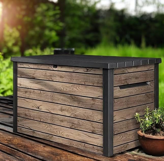 Outdoor Storage Box, Wood-Look Resin Deck Container, Indoor/Outdoor Storage, Ash Wood Brown (230 Gallon)-Ruum Studio Home