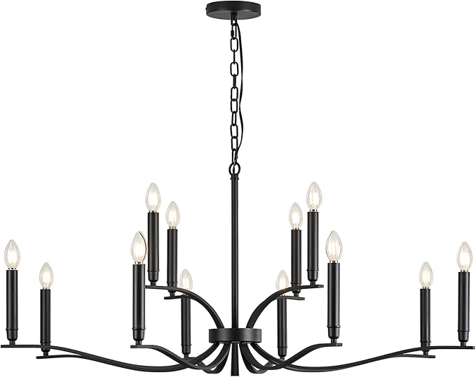Black Living Room Chandelier 12 Light Hight Ceiling Foyer Candle Chandelier Large Dining Room Light Fixture Over Table 44in Metal Modern Chandeliers Hanging Light for Entry Master Bedroom-Ruum Studio Home