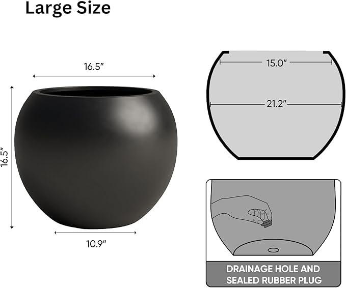 DTY Signature Mount Sherman Lightweight Durable Modern Fiberstone Sphere Planter for Indoor & Outdoor Drainage Hole & Rubber Plug Weather Resistant, 17" H x 21" Dia 14.4" Pot Opening - Large, Black-Ruum Studio Home