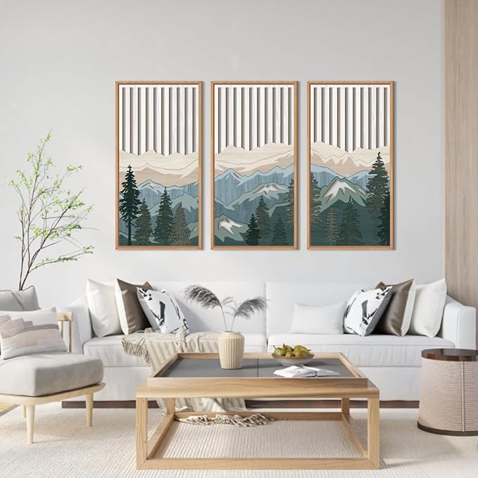 IARTTOP Large Mountain Wood Wall Art Framed Decor Set Of 3, Modern Mountain Landscape Wall Art Nature Artwork Wall Decor For Bedroom, Living room, Office-16 x32-Ruum Studio Home