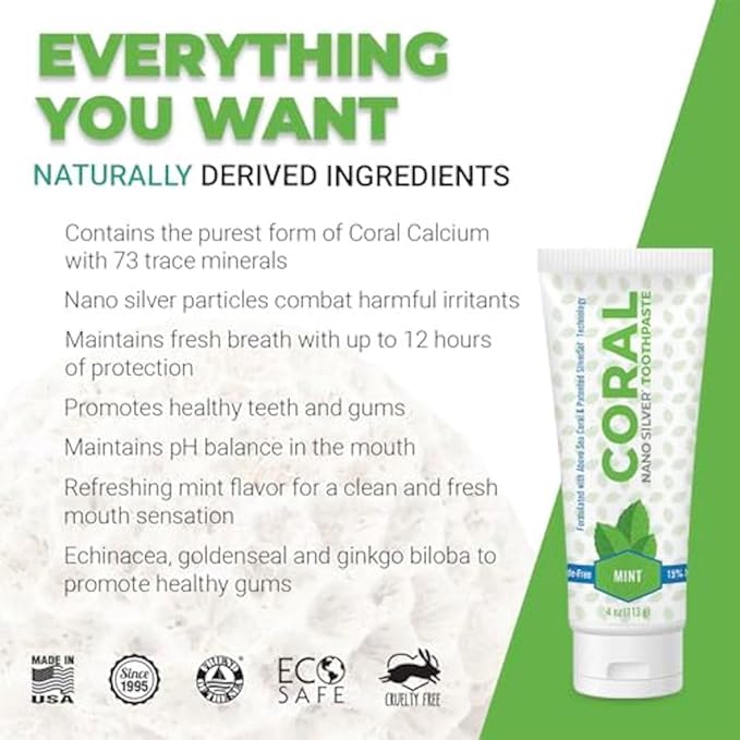 Coral White Nano Silver Mint Toothpaste, Natural Fluoride Free Teeth Whitening Toothpaste, Coral Calcium Nano Silver Infused SLS, Glycierin Free 4 Ounce (2 Pack)-Ruum Studio Home