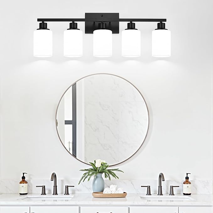 5-Light Black Bathroom Vanity Light Fixture with Milky White Frosted Glass Shades, Bathroom Light Fixture for Mirror, Matte Finish, Reversible Up/Down Lighting for Bedroom, Living Room, Hallway-Ruum Studio Home