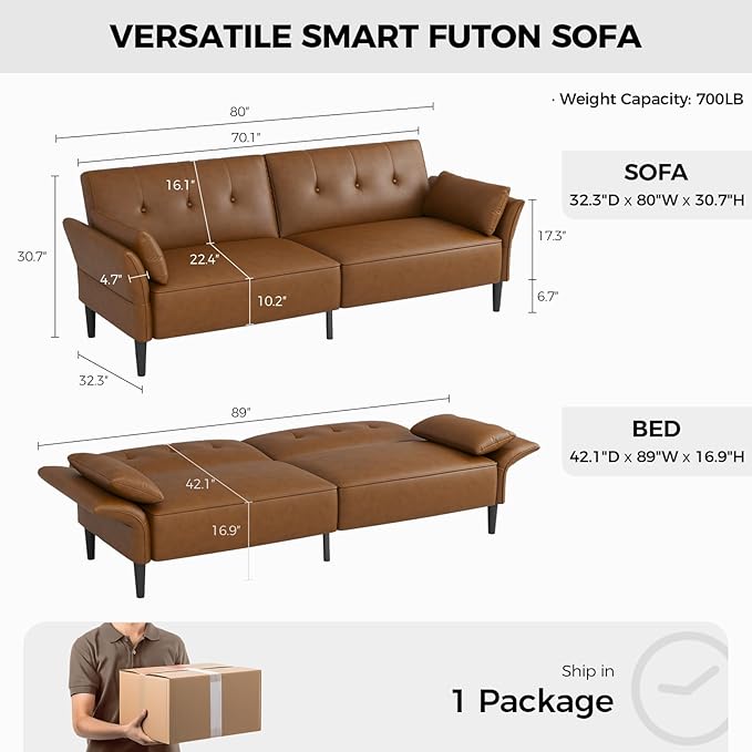 89” Futon Sofa Bed, Faux Leather Futon Couch Bed with 2 Square Pillows, Convertible Sleeper Sofa with Adjustable Backrest& Armrests, Modern Loveseat Sleeper for Living Room, Bedroom, Brown-Ruum Studio Home