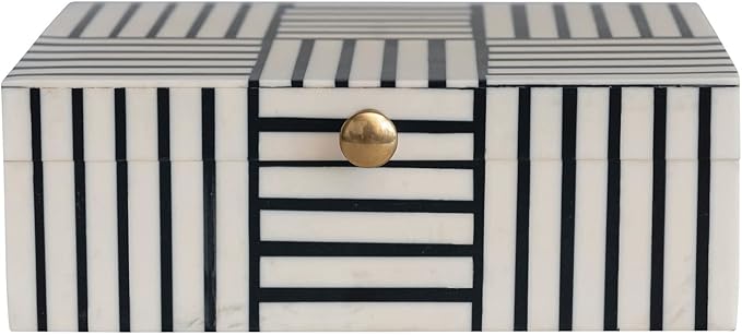 Modern Resin Box with Striped Block Pattern and Gold Clasp, Black and White-Ruum Studio Home