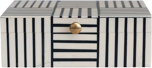 Modern Resin Box with Striped Block Pattern and Gold Clasp, Black and White-Ruum Studio Home