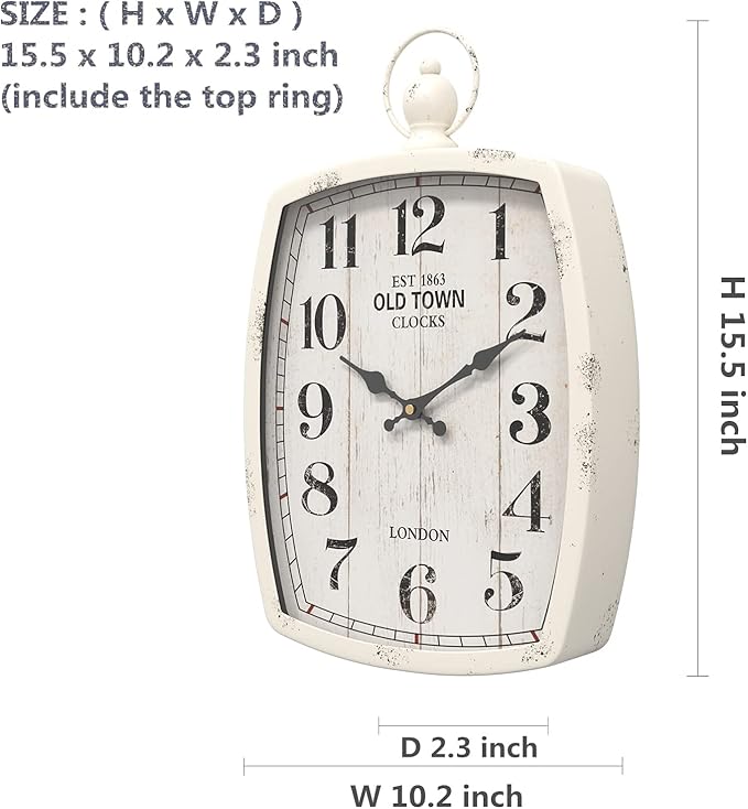 Menterry Rectangle Retro Large Wall Clock, Old-Fashioned Vintage Design, White Antique Style, Battery Operated Silent Decor Wall Clocks for Farmhouse,Kitchen,Office (15.5" H x 10.2" W)-Ruum Studio Home