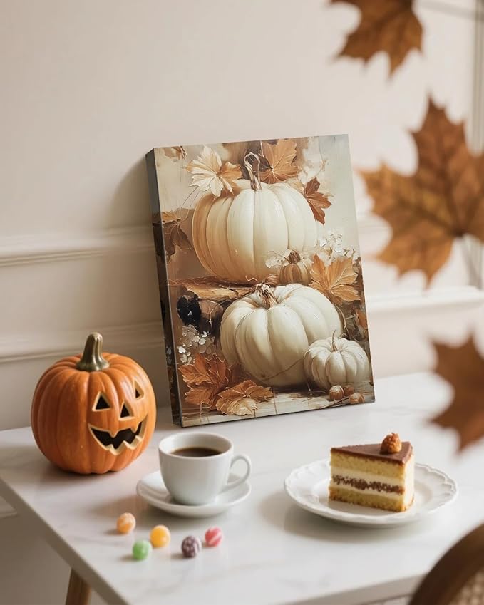 Rustic Autumn Pumpkin Wall Art Decor, Framed Vintage Thanksgiving Decorations, Fall Canvas Wall Art for Home, Kitchen and Living Room, Cozy Fall Decor Picture Print Ready to Hang-Ruum Studio Home
