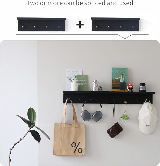 Entrance Coat Rack ，Coat Hooks, Wall-Mounted Wooden Hook Rack, Wall-Mounted Shelves are Very Suitable (Black Finish-2)-Ruum Studio Home