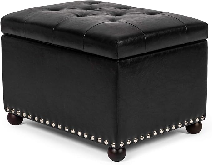 Joveco Leather Storage Ottoman, 24" Rectangle Tufted Foot Rest Stool, for Living Room Bedroom, Midnight Black-Ruum Studio Home