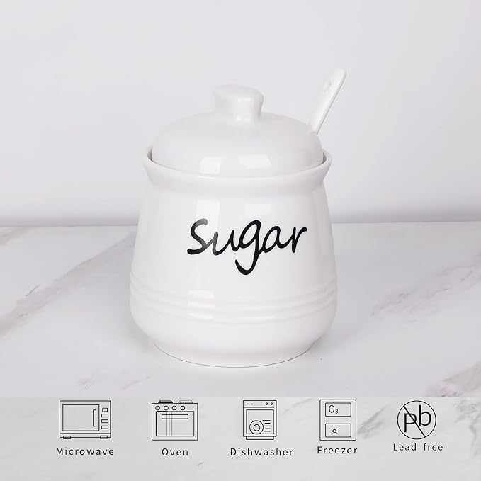 HAOTOP 12oz Sugar Bowl with Lid and Spoon,Ceramic Sugar Jar Sugar Dispenser Sugar Container Coffee Bar Accessories, Kitchen Countertop Canisters, White-Ruum Studio Home
