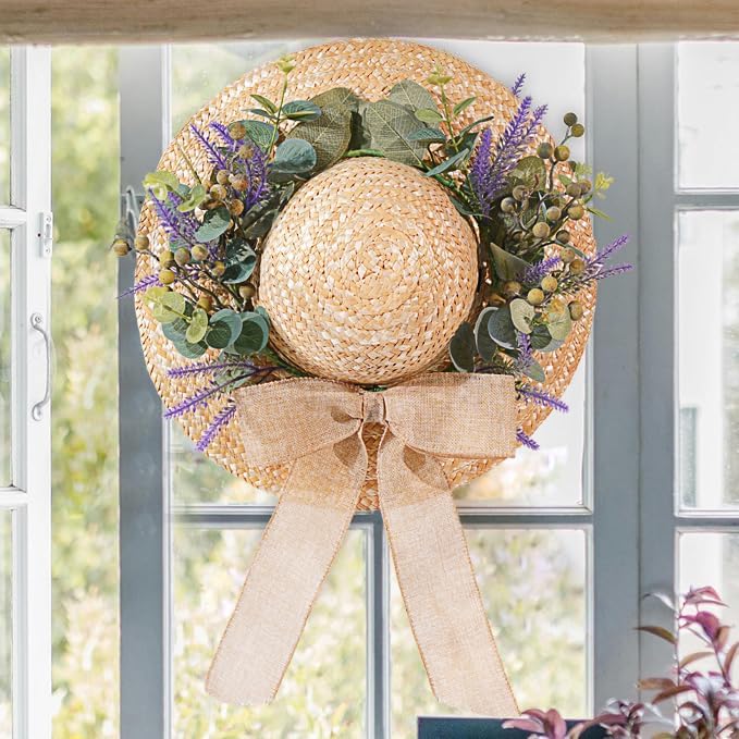 Dilicoming Spring Eucalyptus Wreaths for Front Door - 16 Inch Summer Fall Straw Hat Wreath with Bow, Women Gift, Indoor Outdoor Wreaths for Wall, Window, Farmhouse, Party, Holiday Home Décor-Ruum Studio Home