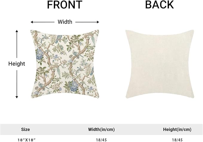CXMEIFLY Chinoiserie Spring Pillow Covers 18 x 18 Inch Set of 2 for Blue Sage Green Vintage Flowers Bird Decor Throw Pillows Plant Farmhouse Outdoor Decorative Cushion Cases for Couch Bed Decorations-Ruum Studio Home