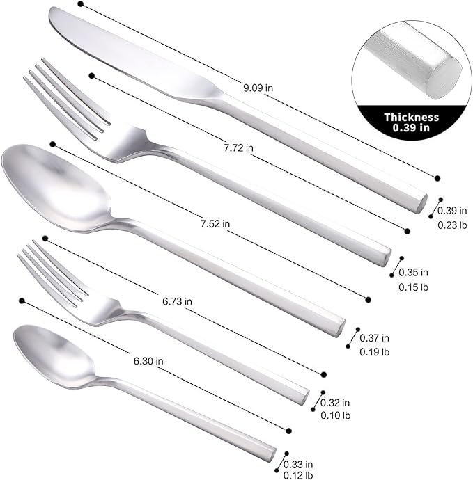 Matte Silverware Set Silver Flatware Set with Hexagon Handle 20 Pieces 18/0 Stainless Steel Cutlery Set Wedding Housewarming Gift Service for 4 (Matt silver)-Ruum Studio Home