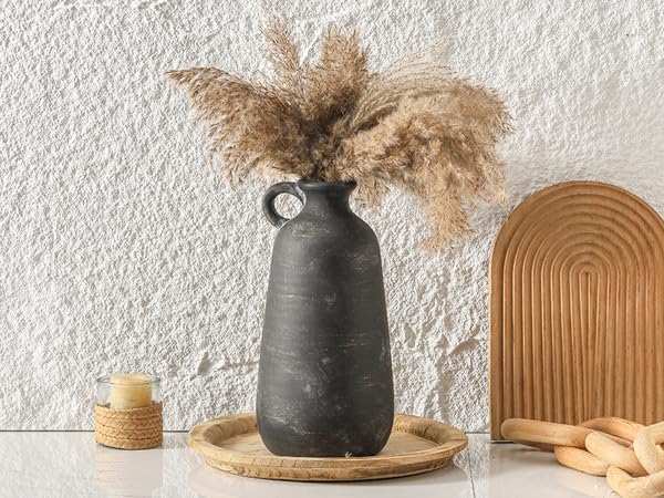 Ceramic Rustic Farmhouse Vase, 12.8" Large Rustic Black Pottery Vases Home Decor Decorative Boho Pampas Vase for Home Decor Table Living Room Decoration Shelf Mantel Enryway Kitchen-Ruum Studio Home