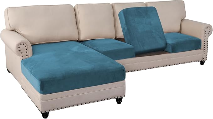 PrinceDeco Velvet Sectional Couch Covers, 4 Pieces, L Shape, Blue, 3 Seater + 1 Chaise-Ruum Studio Home